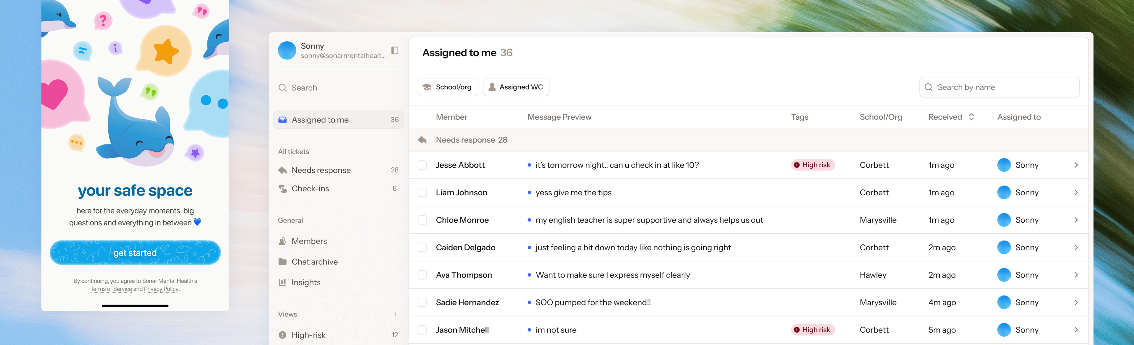 Sonar iOS app welcome screen and internal platform 'assigned to me' view