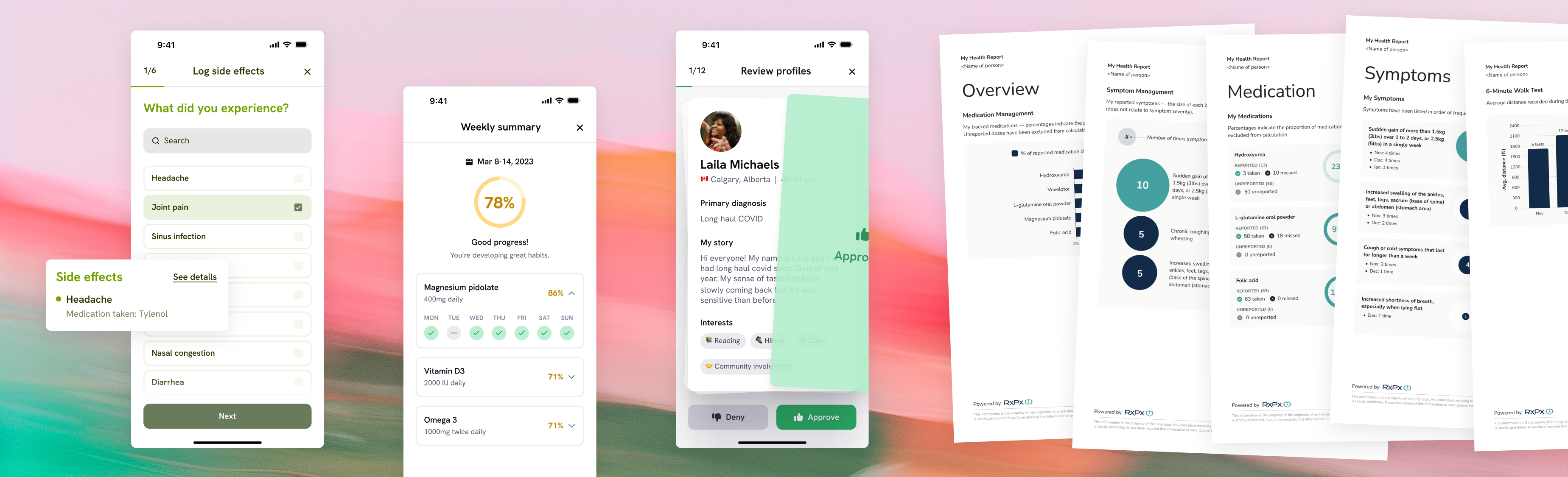 iOS app screens for logging side effects, weekly medication summary, denying and approving user profiles and health report PDF